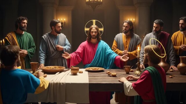 Jesus Christ shares final meal with apostles during Last Supper, religious theology Bible moment in ancient stone hall with candlelight and golden halo