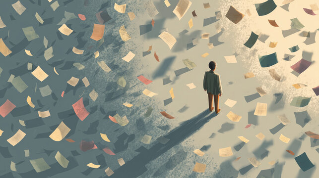 Lonely person standing among swirling flying papers forming chaotic storm symbolizing information overload modern stress creativity crisis and overwhelming ideas
