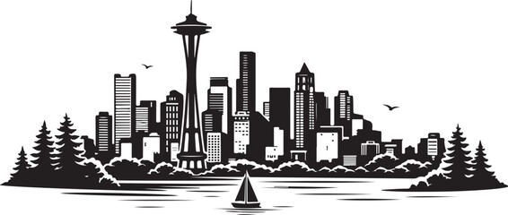 Seattle Skyline Silhouette, Vector Illustration, Isolated on White Background © Hin