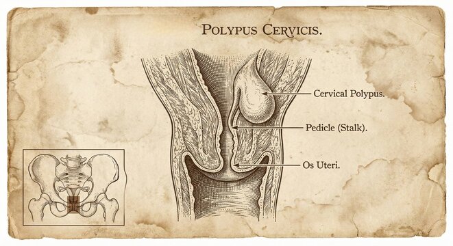 Vintage Medical Illustration Cervical Polypus Anatomy Diagram.