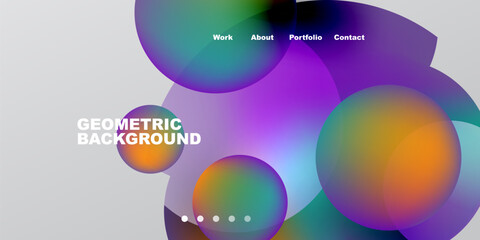 Obraz premium Abstract design features vibrant overlapping circles, gradients. Text includes work, about, portfolio, contact. Geometric background visible.