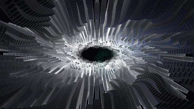 Code-driven exact loop. A massive, infinite brutalist cyber-canyon of dense 3D geometric arrays and metallic prisms moving continuously over a pitch-black void. Ideal for VJ backgrounds.