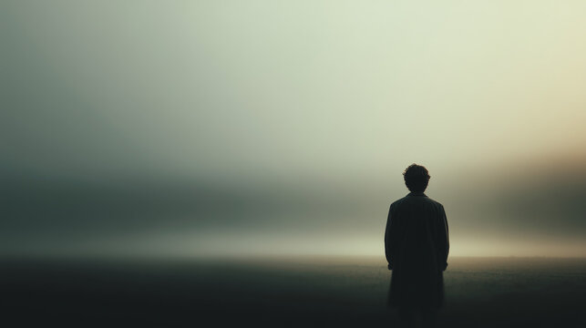 Lonely human silhouette standing in dense foggy landscape at sunrise creating atmospheric scene of solitude introspection uncertainty and existential reflection
