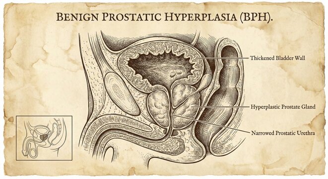 Vintage Medical Illustration Benign Prostatic Hyperplasia Diagnosis.