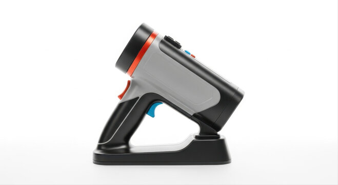 Sleek handheld thermal detector isolated on a pristine white background, showcasing modern design with ergonomic grip and vibrant orange accents