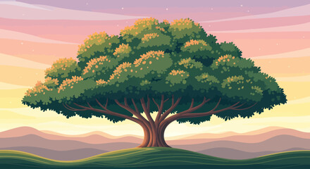 A majestic tree stands tall against a vibrant sunset sky. © Dodol Creative Stock