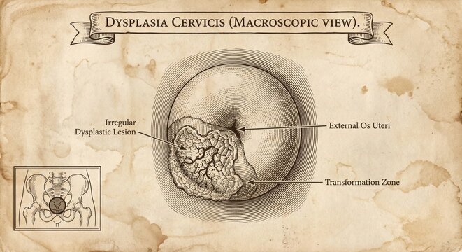Vintage medical illustration cervical dysplasia, macroscopic view, human anatomy.