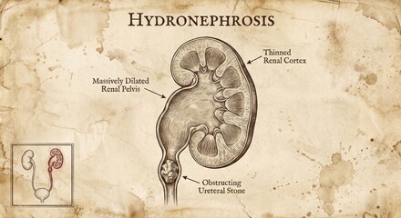 Obraz premium Vintage Hydronephrosis Diagram - Kidney Anatomy, Medical Illustration, Urological Condition.