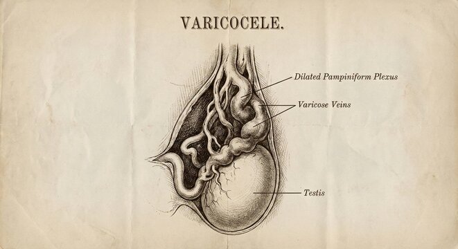 Vintage Medical Illustration Varicocele, Testis Anatomy, Spermatic Plexus Diagram.