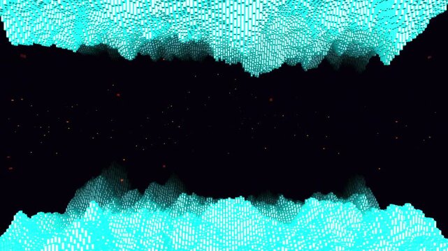 Colossal infinite cavern of 3D instanced vertical rods forming rippling topographies. Code-driven exact loop featuring a dense parametric landscape and massive abyssal chasm for immersive backgrounds.