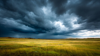 Obraz premium Dramatic storm clouds gather over a golden grassland prairie landscape