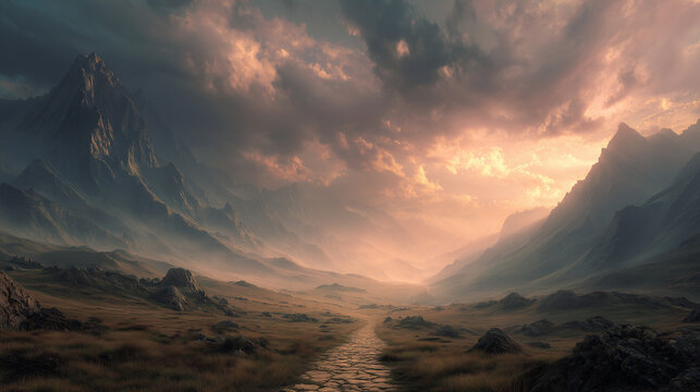 Epic fantasy mountain valley landscape illuminated by dramatic sunset light creating cinematic adventure atmosphere ideal for game art and storytelling backgrounds
