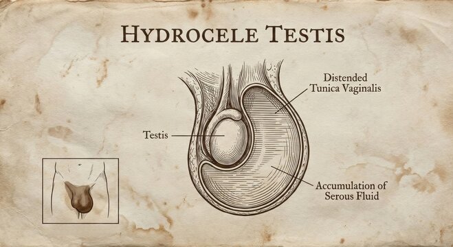 Hydrocele testis medical illustration, anatomical diagram, fluid accumulation.