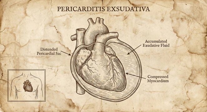 Vintage anatomical heart diagram, pericarditis exudativa, medical illustration.