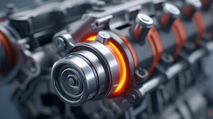 Fototapeta premium Detailed Close-Up of Engine Interior with Polished Steel Parts Highlighting Mechanical Components and Design Features