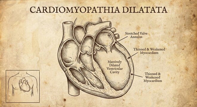 Detailed medical illustration heart condition, dilated cardiomyopathy, anatomical diagram.