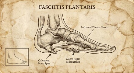 Obraz premium Vintage Medical Illustration Plantar Fasciitis Foot Pain Diagnosis.