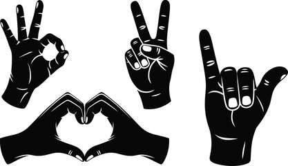 Hand gesture silhouette set OK sign peace symbol love heart shape I love you sign language vector illustration isolated on white background © Shirina