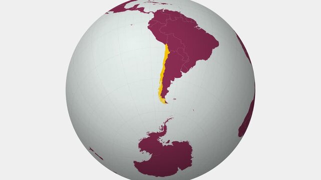 Chile map. Animated zoom into the country on the Globe in Pale Mint Dark Pink color palette. Country logo animation with round text and airplanes. Map with meridians, parallels. Awesome video.