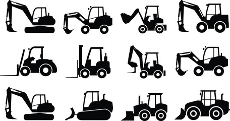 Heavy construction equipment silhouette collection with excavator loader forklift bulldozer and backhoe isolated on white background industrial machinery vector set © Shirina