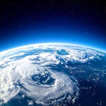 A swirling hurricane viewed from space with a curved horizon