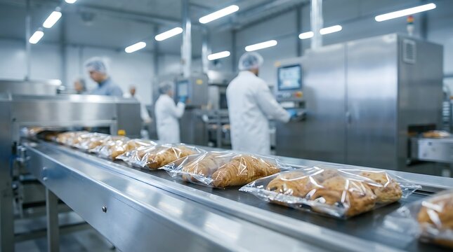 Industrial production line of freshly baked croissants packaged in plastic at a large scale bakery factory.