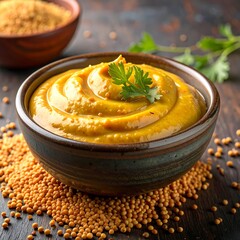 Vibrant yellow hummus in a brown ceramic bowl garnished with parsley