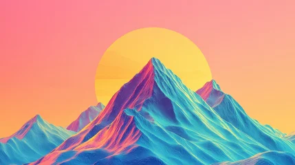Wandcirkels Koraal Abstract Mountain Sunset, vibrant colors, digital art, landscape  © Dama