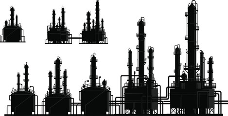 Obraz premium Industrial oil refinery and petrochemical plant silhouette collection with storage tanks distillation towers and pipelines vector illustration isolated on white background