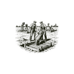 Obraz premium Vintage hand drawn engraving of construction workers pouring concrete into a foundation using a wheelbarrow at a building site.
