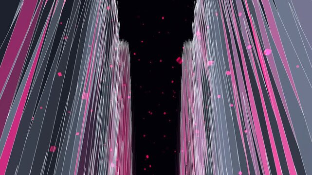 Mathematically perfect seamless loop of a massive, dense array of tetrahedral shards flanking a deep void. Code-driven exact loop featuring strictly controlled scaling and bright metallic structures.