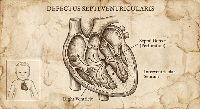 Ventricular Septal Defect Illustration, Pediatric Heart Condition, Medical Diagram.