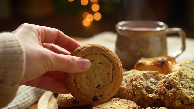 Smooth dolly push-in video of golden cookies, baked goods, and steaming coffee on a rustic board; a hand selects one against warm bokeh. Concept of gourmet indulgence