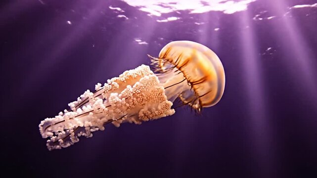 Jellyfish Swimming Underwater with Sunlight.