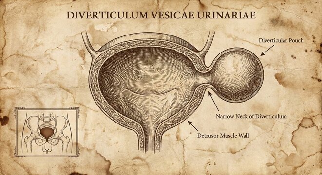 Vintage Medical Illustration Bladder Diverticulum Diagnosis.