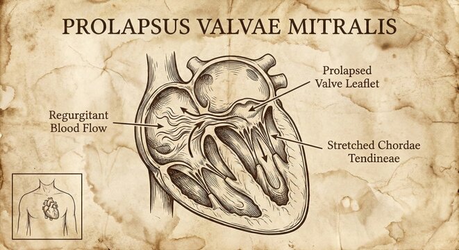 Vintage Heart Diagram Prolapsed Mitral Valve Medical Illustration.