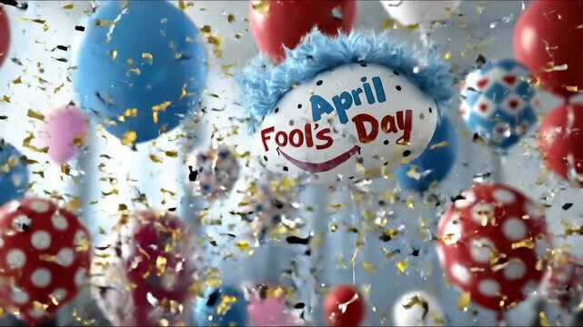 Vibrant April Fool's Day celebration with festive balloons and falling golden confetti, embodying the playful spirit of jokes and humorous pranks on the first of April