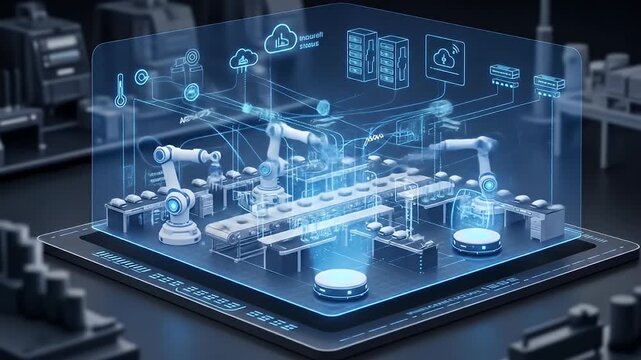 Futuristic isometric display showing robotic arm assembly line, with cloud/server diagrams