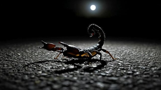 A scorpion on a dark, textured surface under moonlight.