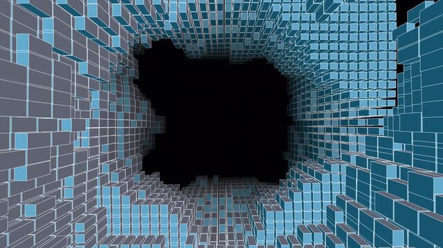 Massive cyber-brutalist monolithic tunnel. Dense 3D grid of shifting pillars and deep voids. Mathematically perfect seamless loop for high-end backgrounds. Infinite Z-axis traversal.