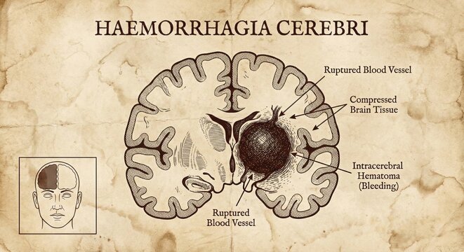 Brain Hemorrhage Illustration - Medical Diagram, Intracerebral Bleeding, Cerebri.