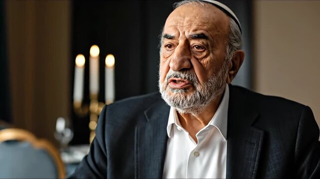 Elderly Jewish man reflects deeply during a solemn Passover Seder ceremony, surrounded by the warm glow of traditional candelabra, celebrating freedom and ancient traditions