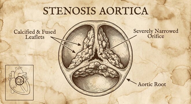 Detailed Aortic Stenosis Illustration - Calcified Valve Leaflets, Narrowed Orifice.