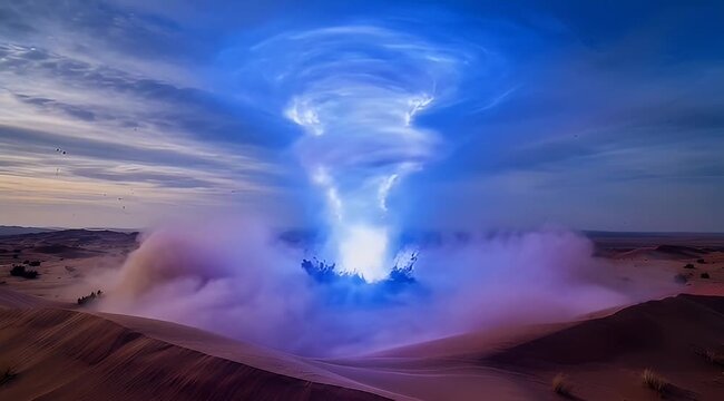 Dramatic desert landscape with surreal blue vortex sky and cloud formations