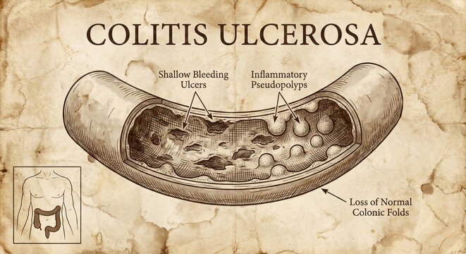 Ulcerative Colitis Medical Illustration, Digestive System Disease, Inflamed Colon.