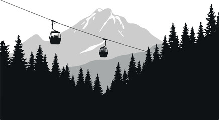 Monochrome Mountain Panorama: Iconic Gondola Ride Over Majestic Pine Forests with Snowy Peaks in Minimalist Vector Art – Perfect for Winter Travel & Outdoor Adventures © Sadek