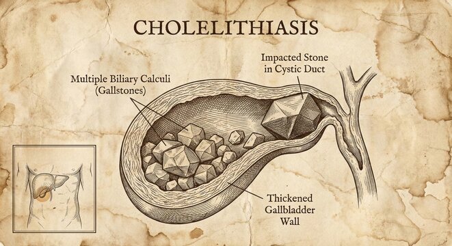 Vintage Medical Illustration Gallbladder Cholelithiasis Gallstones Diagram.