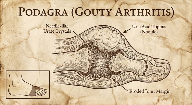 Detailed Podagra Gouty Arthritis Foot Diagram Medical Illustration.