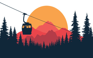 Mountain Gondola Ride at Sunset: Vector Illustration Featuring a Cable Car Over a Vibrant Pine Forest Landscape, Majestic Peaks, and a Golden Sky – Ideal for Travel & Outdoor Adventures. © Sadek