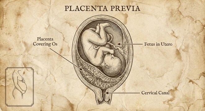 Vintage medical illustration placenta previa fetus uterus cervical canal.